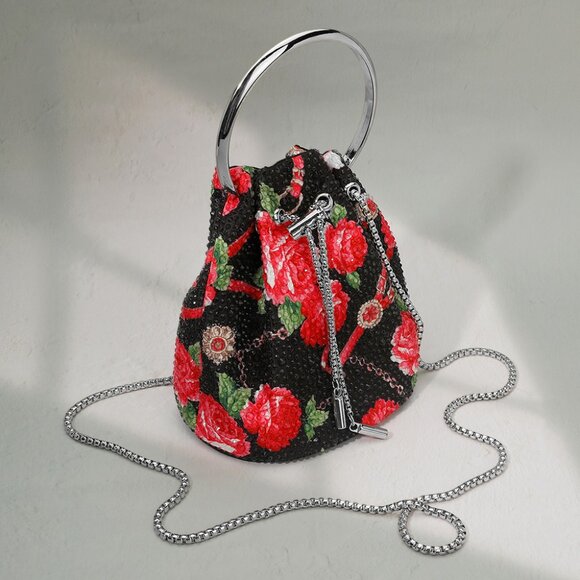 Blooming Rose Rhinestone Bling Beaded Small Round Handle Bucket Crossbody Bag - Picture 5 of 10